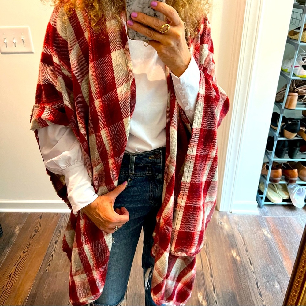 Cozy Plaid Red & Cream Wrap Scarf - Women's Blanket Scarf